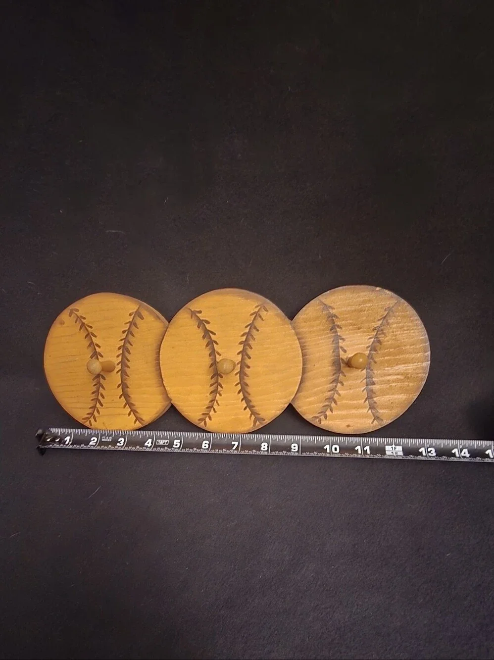 Vintage Yellow Wooden Baseball Three-Hook Rack